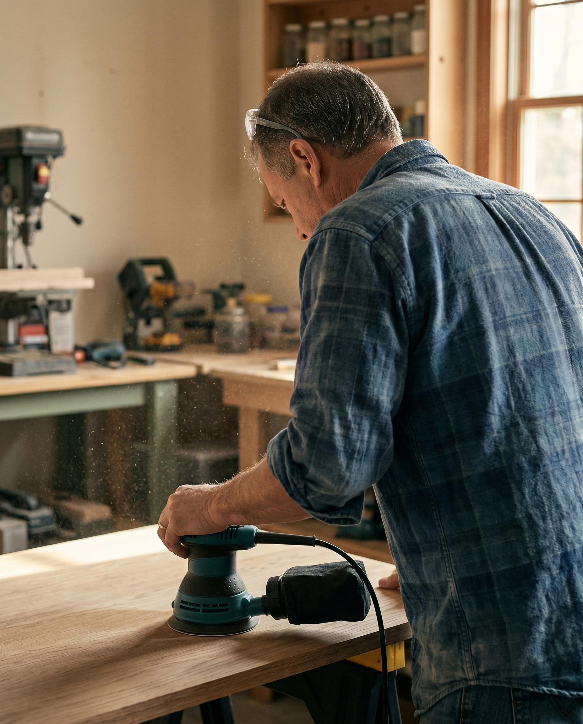 A craftsman sanding an oak tabletop in a warm-lit workshop, safety glasses resting on his forehead, sawdust drifting in afternoon side-light
