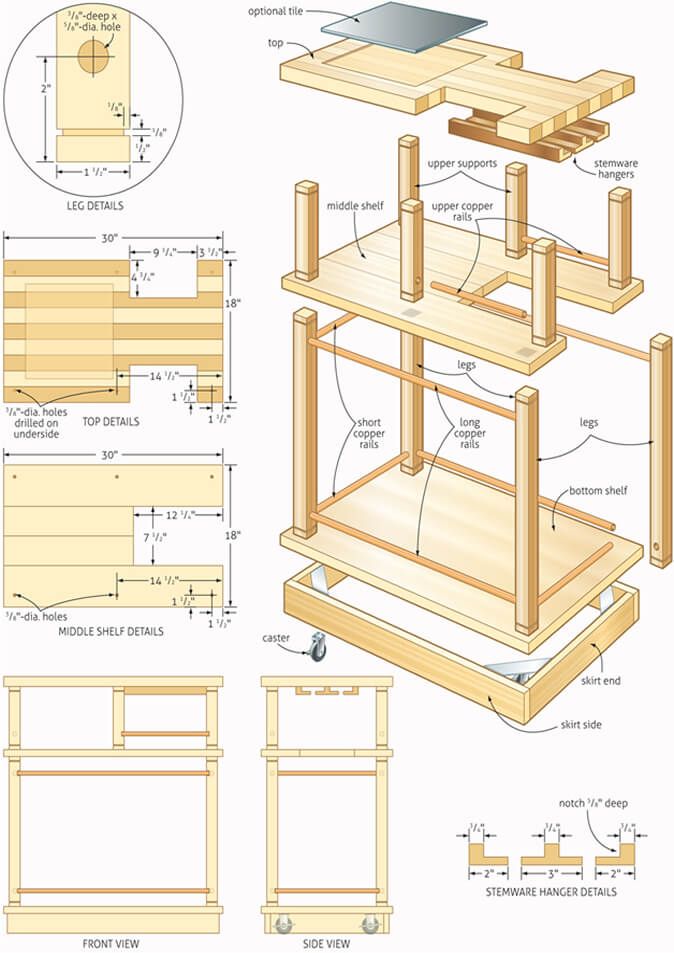 A labeled multi-view woodworking schematic showing front view, side view, exploded assembly, and inset detail callouts with precise measurements for a small wooden cart